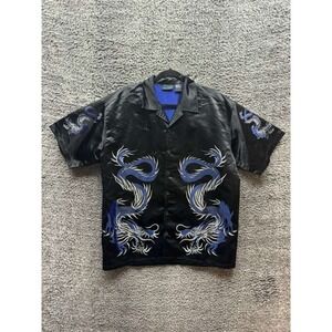 Vintage Y2k Mt:2 Rayon Blend Dragon‎ Graphic Button-Up Shirt Black Mens Size L